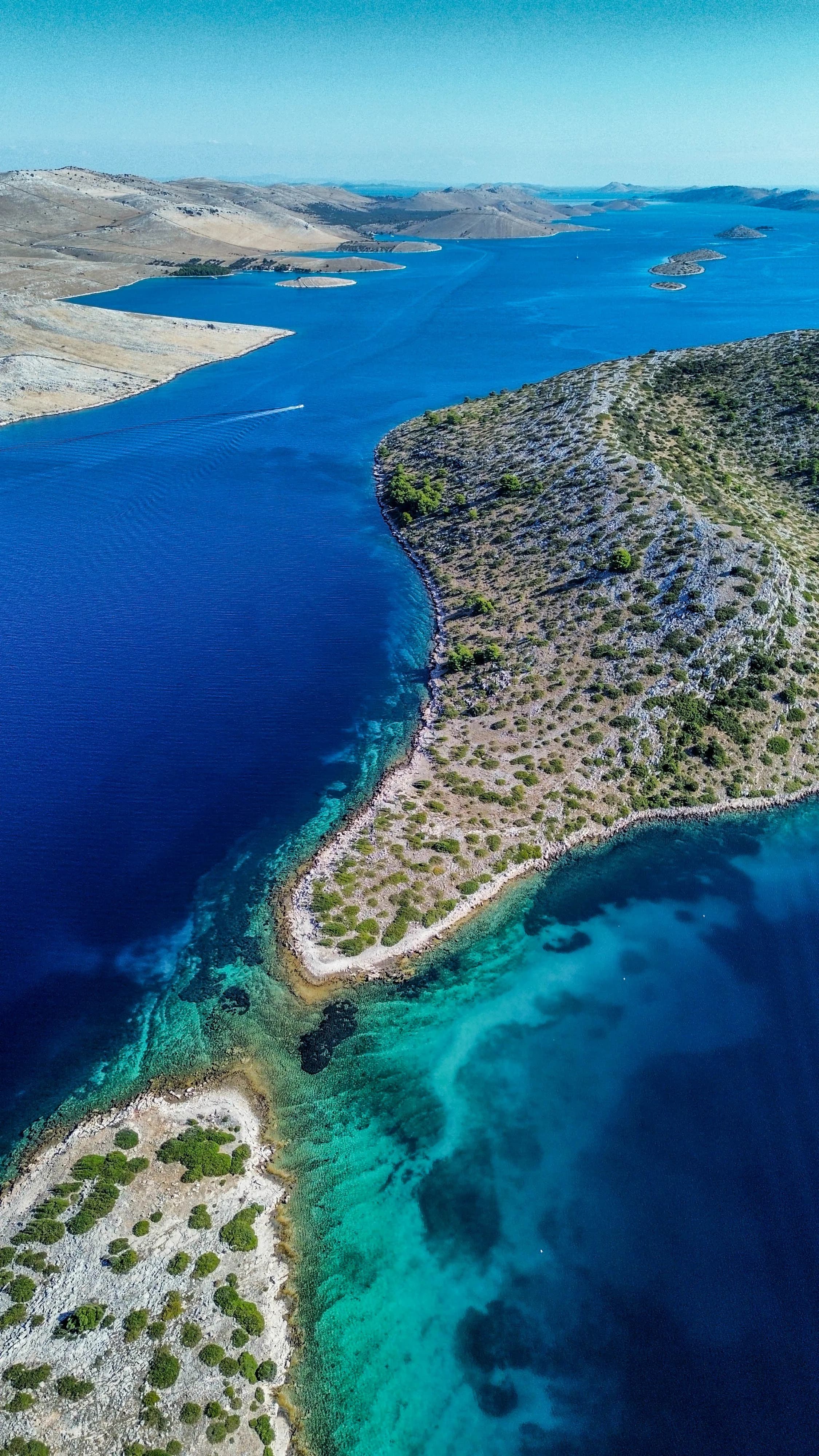 Aerial view of the blue coastline near Zadar